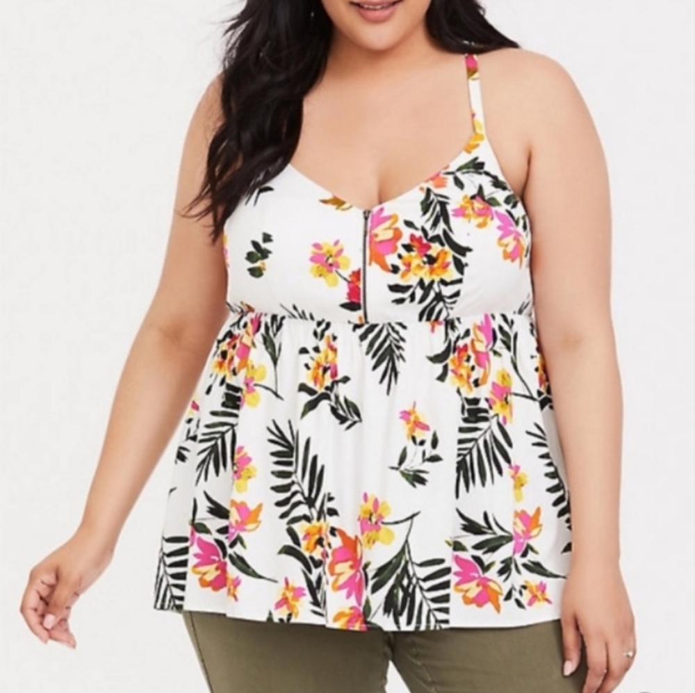 Torrid Tropical Tank Top Cami Adjustable Zip-Front Babydoll Size 1X